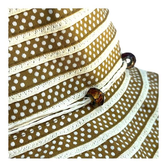 Vintage Fabric Polka Dot Brown Beige Wide-Brimmed SunHat wire edges to adjust OS